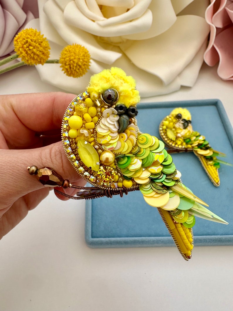 Hand-Embroidered Parrot Brooch: Beaded Yellow Bird Pin
