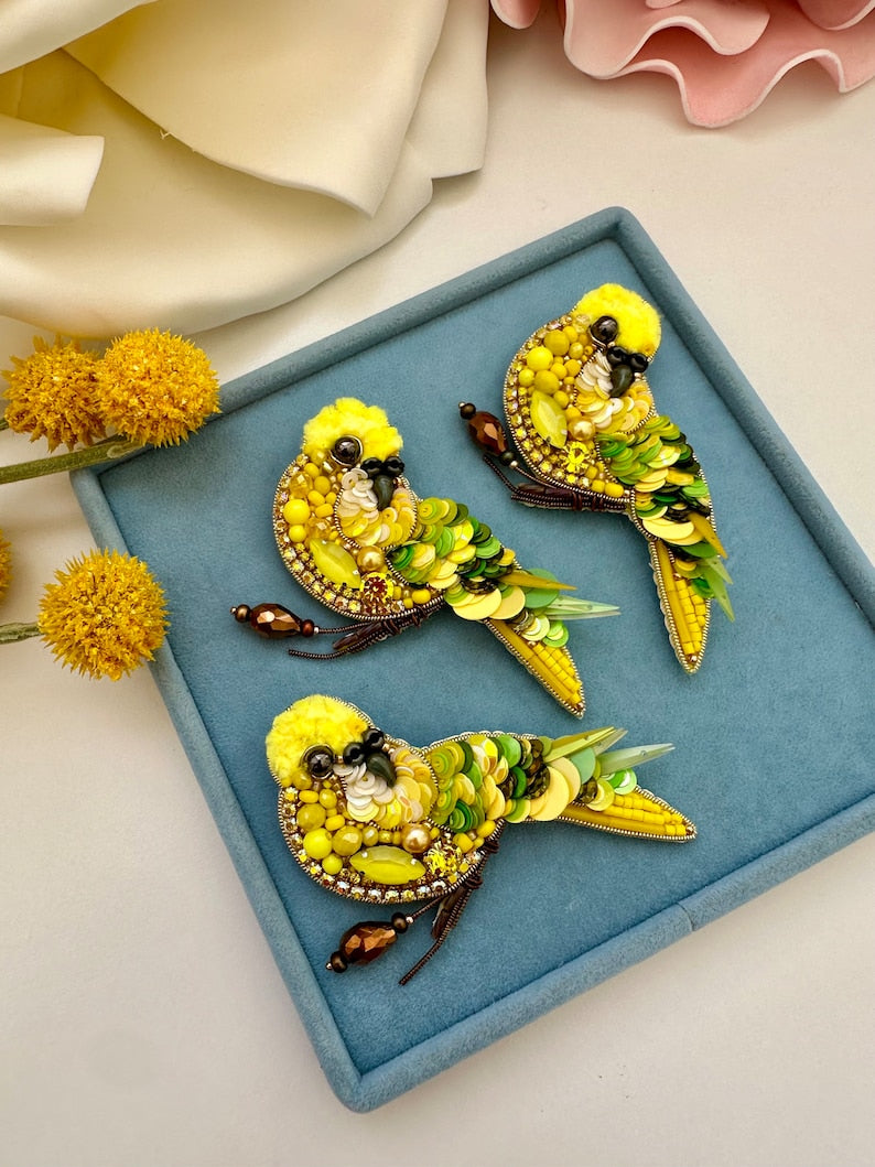 Hand-Embroidered Parrot Brooch: Beaded Yellow Bird Pin
