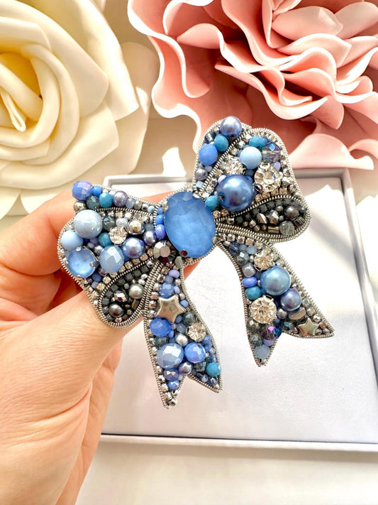 Hand-Embroidered Blue Bow Brooch: Beaded Designer Pin
