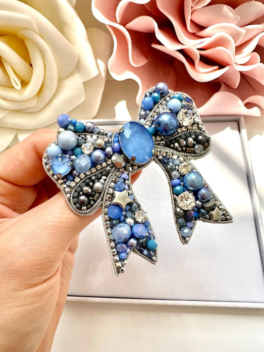 Hand-Embroidered Blue Bow Brooch: Beaded Designer Pin