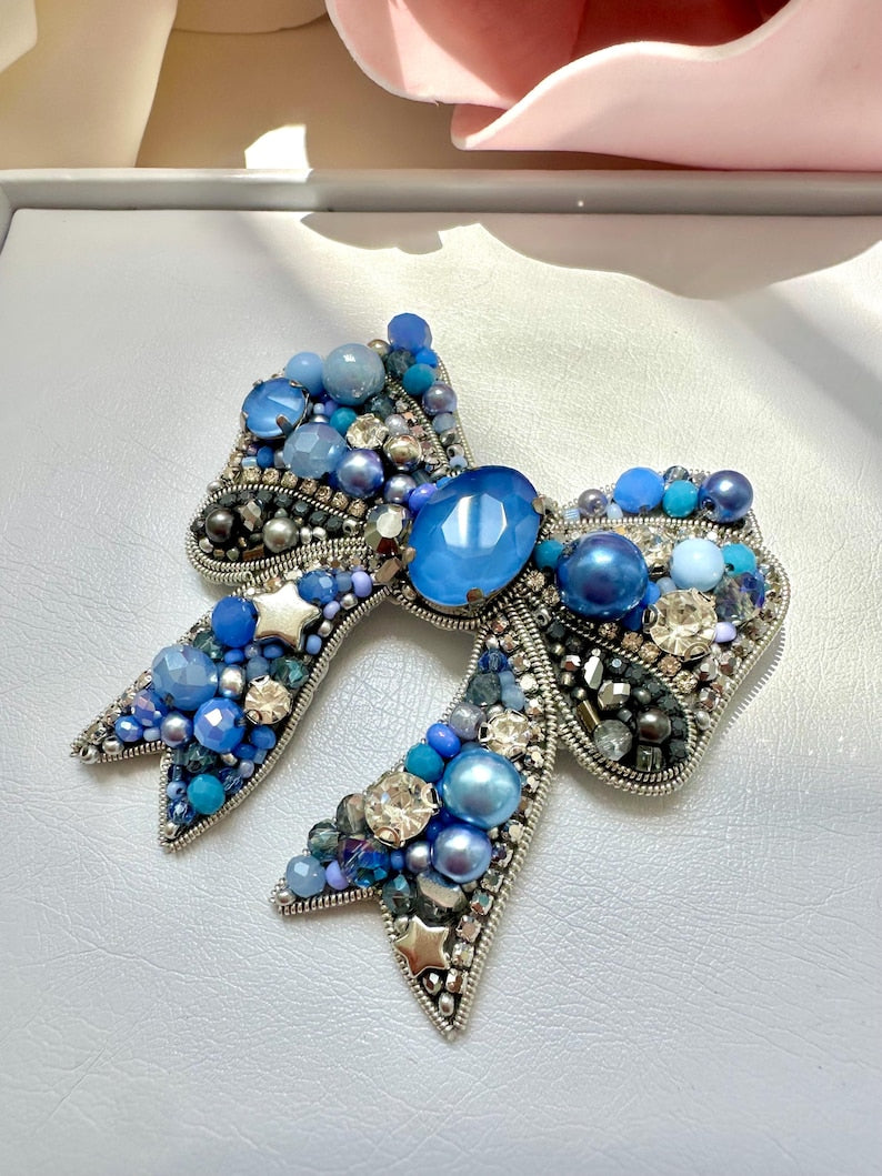 Hand-Embroidered Blue Bow Brooch: Beaded Designer Pin