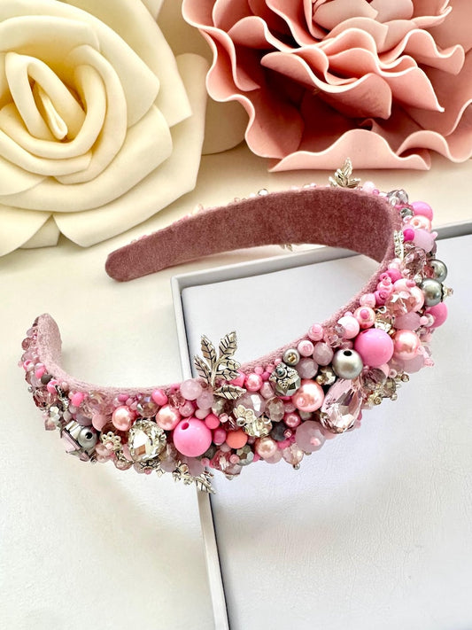 Rose Pink Beaded Headband: Jeweled Crystal Embroidered Tiara
