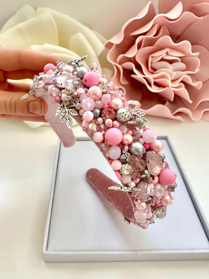 Rose Pink Beaded Headband: Jeweled Crystal Embroidered Tiara