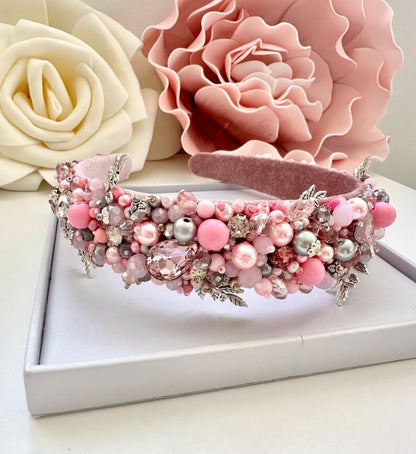 Rose Pink Beaded Headband: Jeweled Crystal Embroidered Tiara