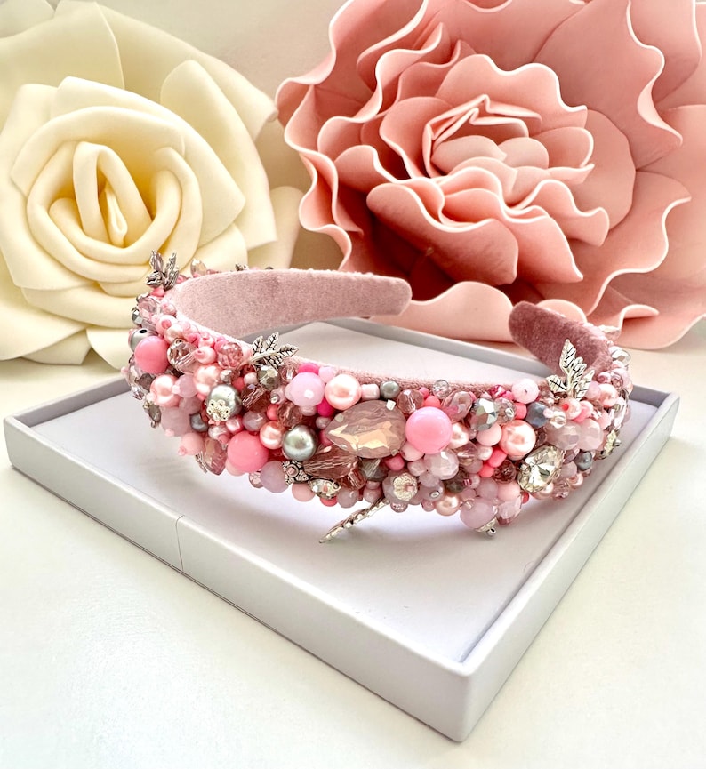 Rose Pink Beaded Headband: Jeweled Crystal Embroidered Tiara