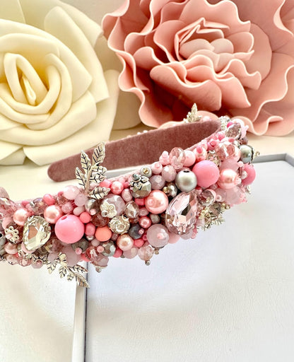 Rose Pink Beaded Headband: Jeweled Crystal Embroidered Tiara