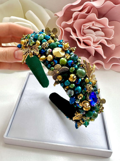 Handmade Crystal Beaded Headband: Embroidered Green Tiara