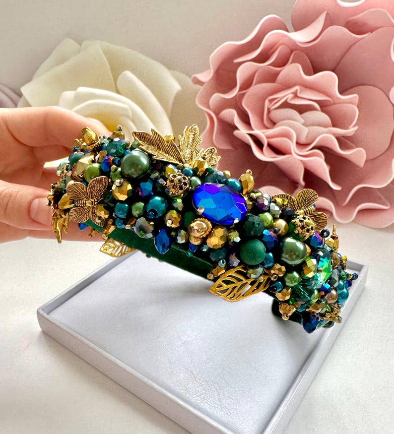 Handmade Crystal Beaded Headband: Embroidered Green Tiara