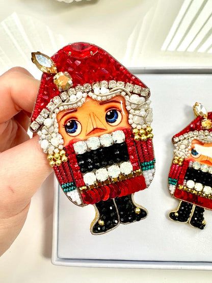 Hand-Embroidered Nutcracker Brooch: Christmas Pin, New Year Gift
