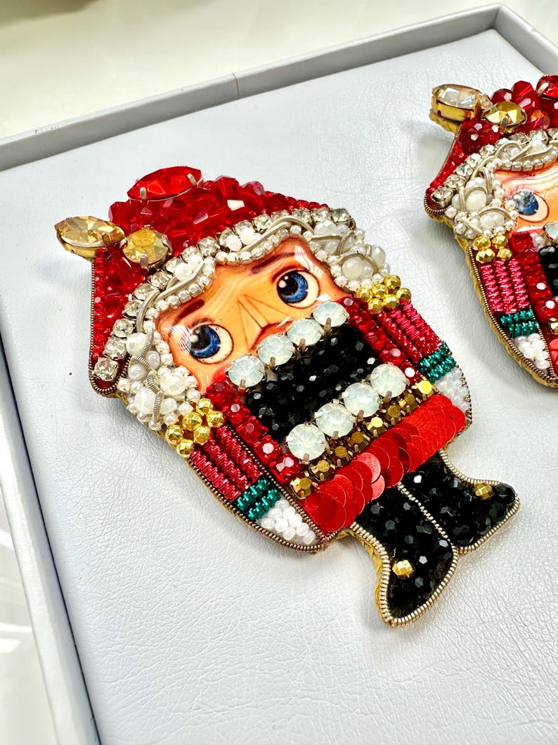Hand-Embroidered Nutcracker Brooch: Christmas Pin, New Year Gift