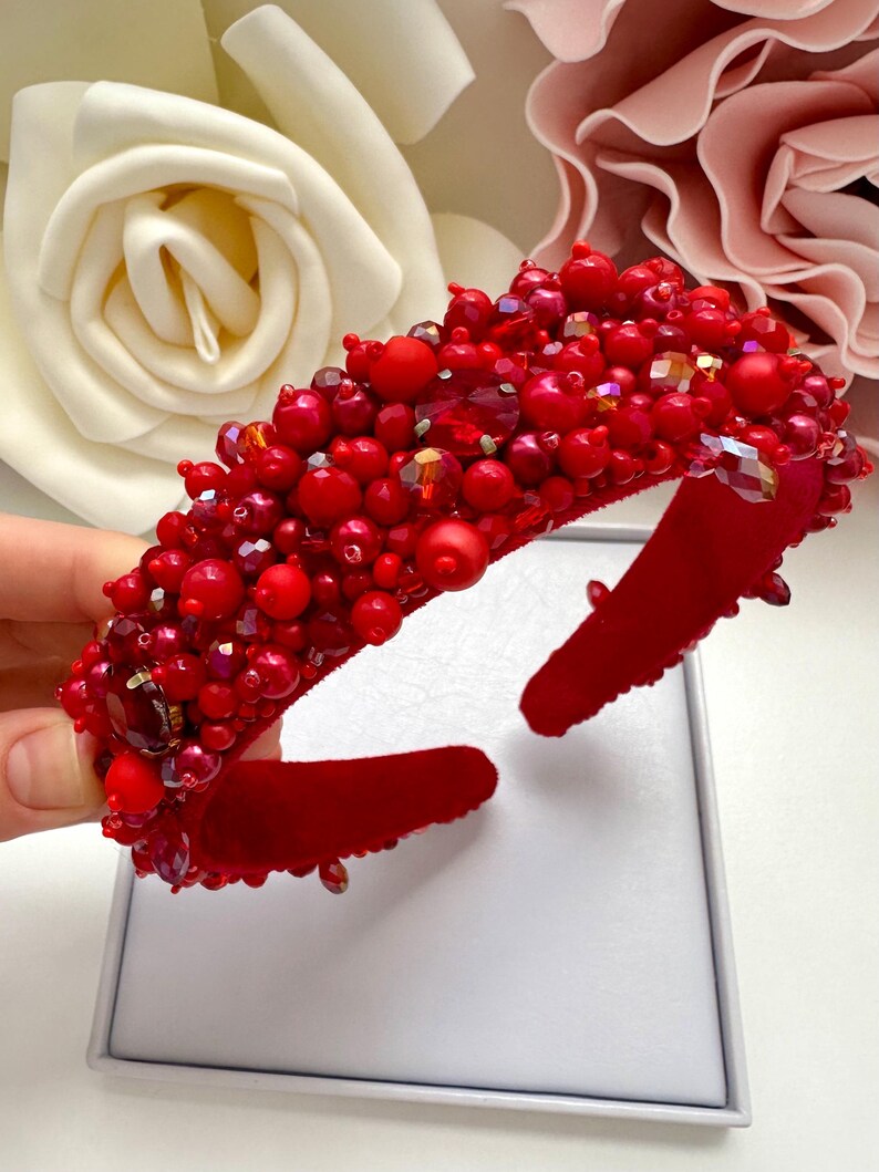 Handmade Red Crystal Beaded Headband: Embellished Tiara