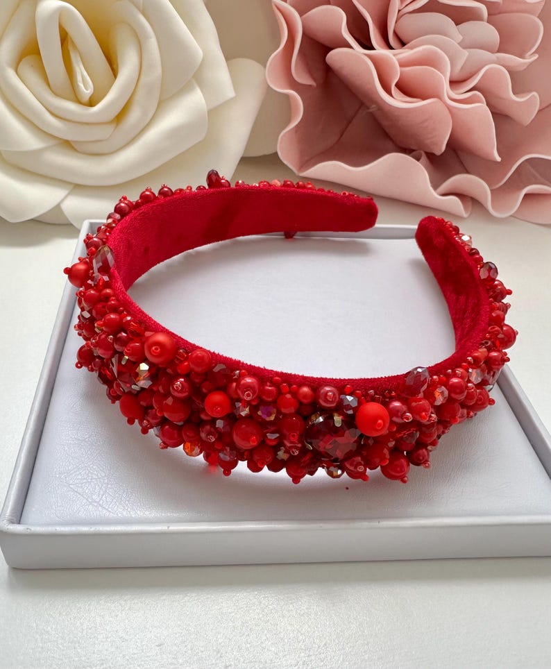 Handmade Red Crystal Beaded Headband: Embellished Tiara