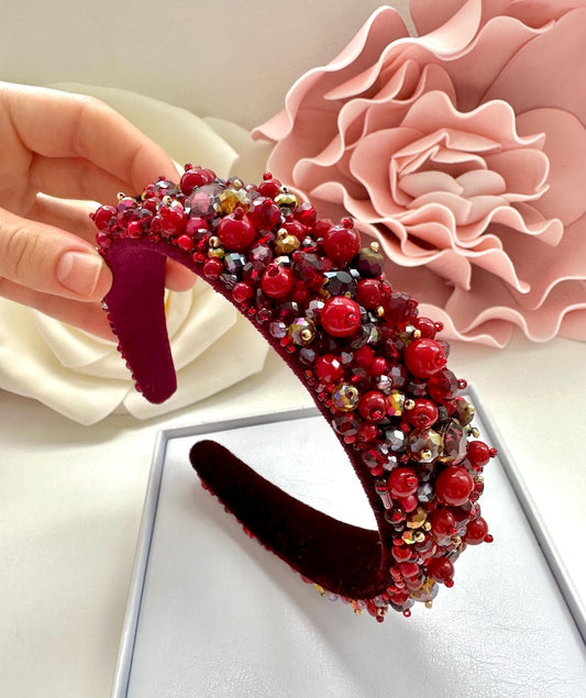 Handmade Crystal Beaded Headband: Garnet Queen Hair Accessory