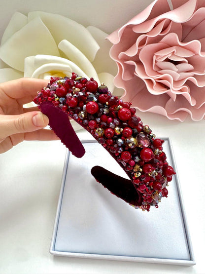 Handmade Crystal Beaded Headband: Garnet Queen Hair Accessory