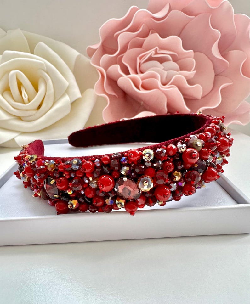 Handmade Crystal Beaded Headband: Garnet Queen Hair Accessory