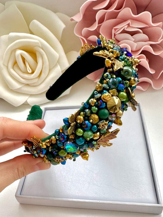 Handmade Crystal Beaded Headband: Embroidered Green Tiara