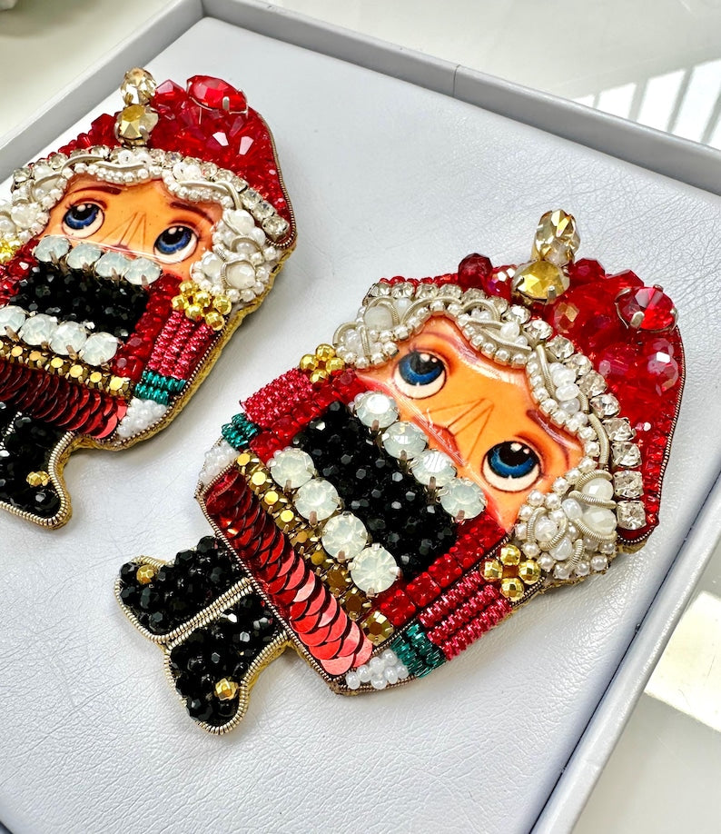 Hand-Embroidered Nutcracker Brooch: Christmas Pin, New Year Gift