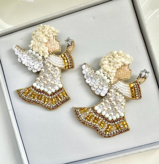 Hand-Embroidered Christmas Angel Brooch: Gold Holiday Pin