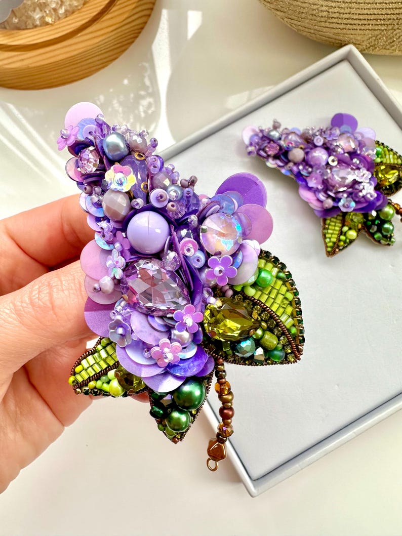 Handmade Beaded Lilac Brooch: Designer Floral Accessory