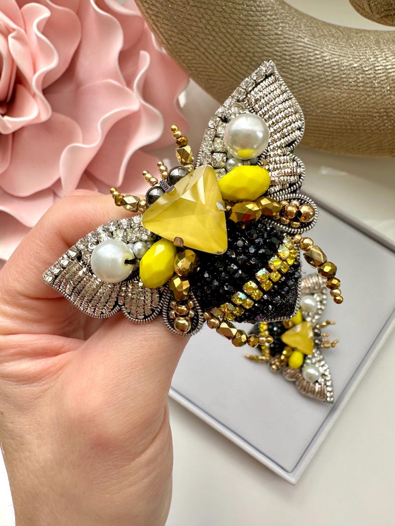 Handmade Rhinestone Bee Brooch: Embroidered Designer Pin (3”x 2”)