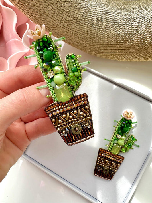 Hand-Embroidered Cactus Brooch: Beaded Designer Pin