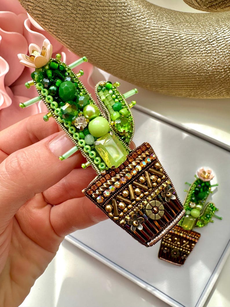 Hand-Embroidered Cactus Brooch: Beaded Designer Pin