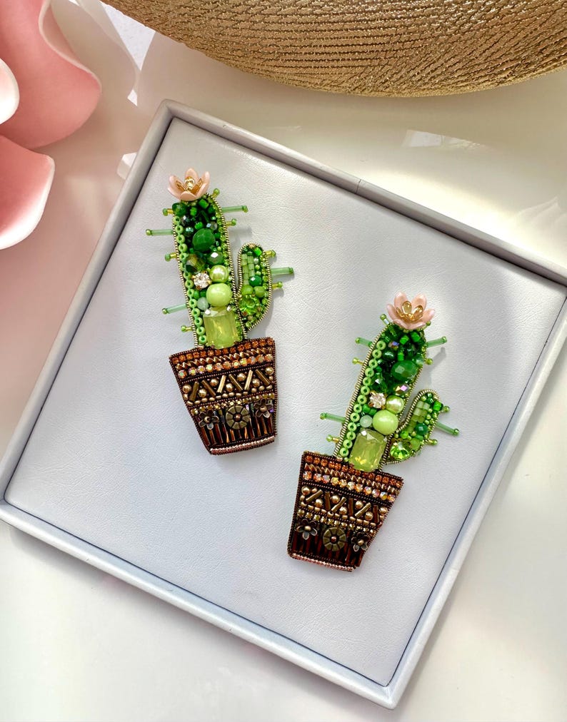 Hand-Embroidered Cactus Brooch: Beaded Designer Pin