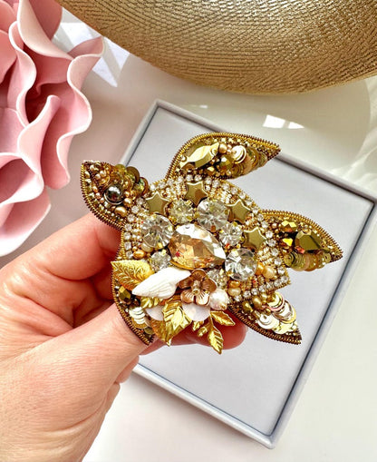 Handmade Beaded Sea Turtle Brooch: Gold Crystal Tropical Design
