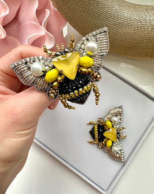 Handmade Rhinestone Bee Brooch: Embroidered Designer Pin (3”x 2”)