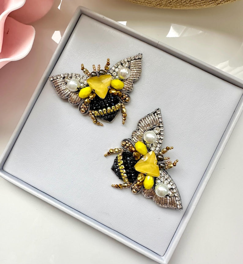 Handmade Rhinestone Bee Brooch: Embroidered Designer Pin (3”x 2”)
