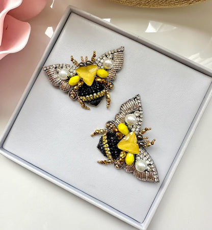 Handmade Rhinestone Bee Brooch: Embroidered Designer Pin (3”x 2”)