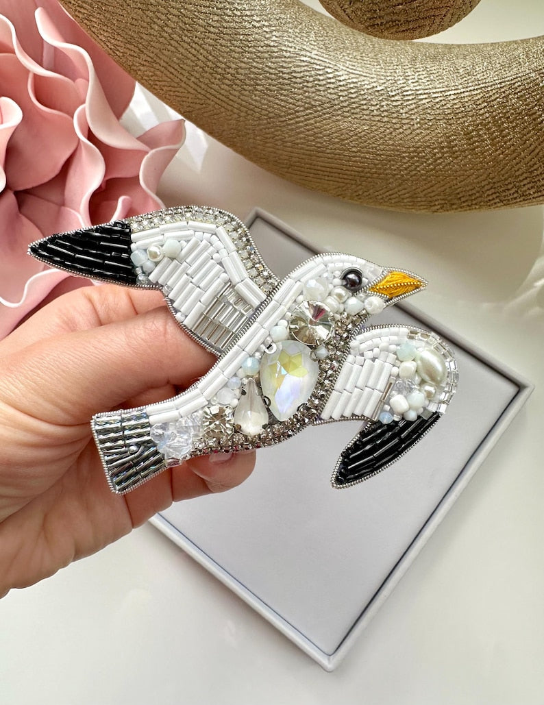 Handmade Beaded Seagull Brooch: Crystal Bird Pin