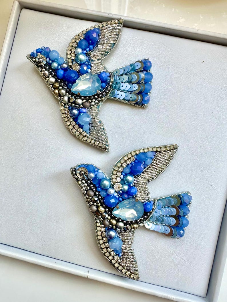 Hand-Embroidered Bird Brooch: Silver Blue Crystal Pin