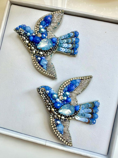 Hand-Embroidered Bird Brooch: Silver Blue Crystal Pin
