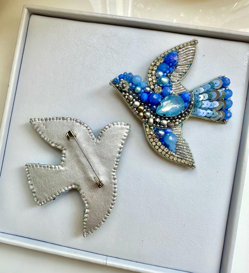 Hand-Embroidered Bird Brooch: Silver Blue Crystal Pin