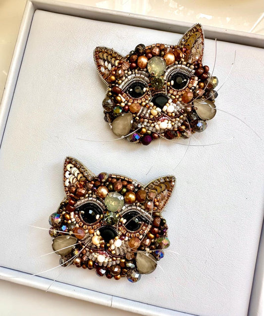 Handmade Beaded Cat Brooch: Embroidered Forest Cat Pin