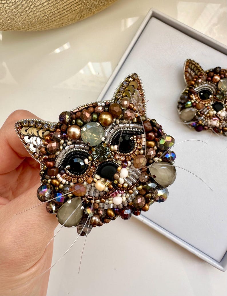 Handmade Beaded Cat Brooch: Embroidered Forest Cat Pin