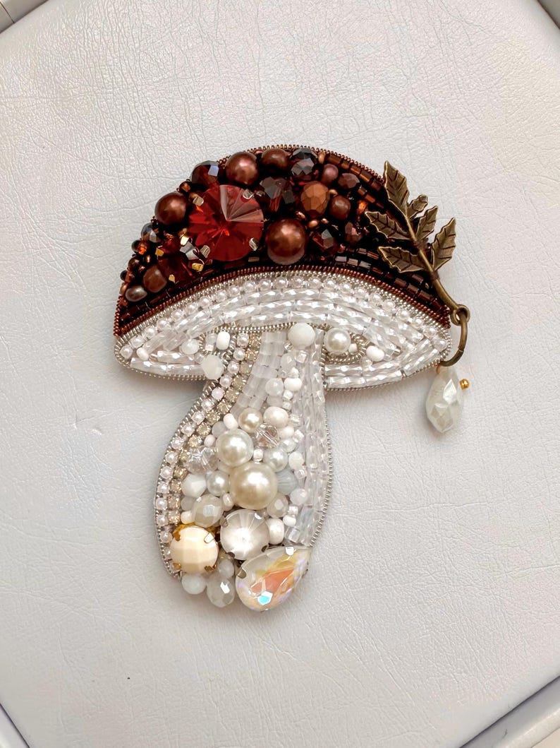 Hand-Embroidered Mushroom Brooch: Beaded Forest Pin