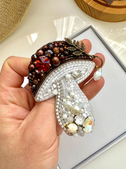 Hand-Embroidered Mushroom Brooch: Beaded Forest Pin