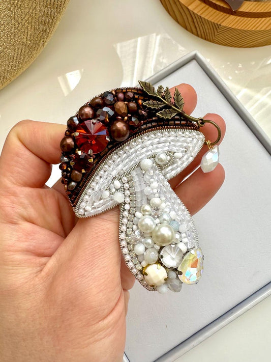 Hand-Embroidered Mushroom Brooch: Beaded Forest Pin
