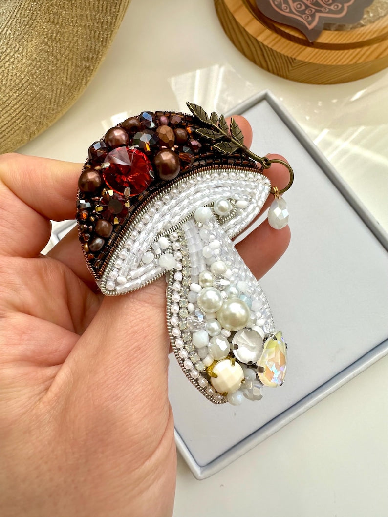 Hand-Embroidered Mushroom Brooch: Beaded Forest Pin