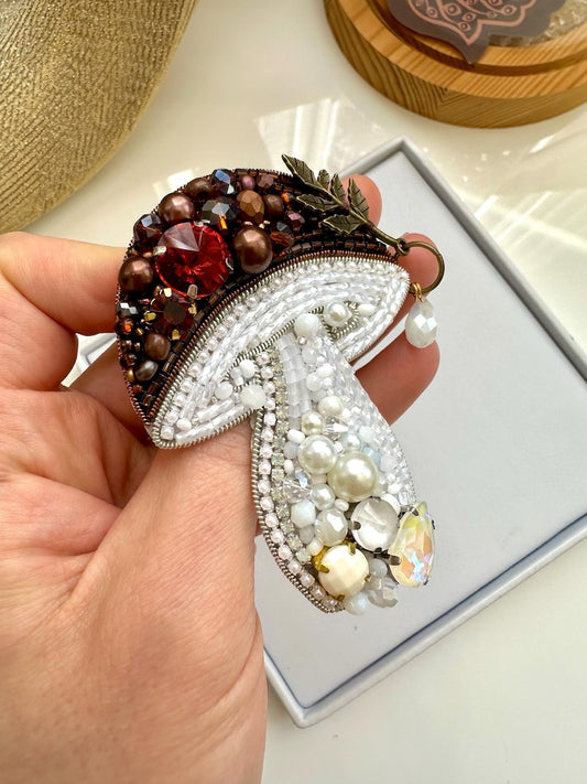 Hand-Embroidered Mushroom Brooch: Beaded Forest Pin