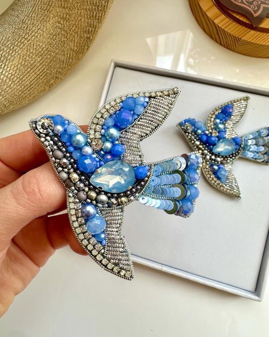 Hand-Embroidered Bird Brooch: Silver Blue Crystal Pin
