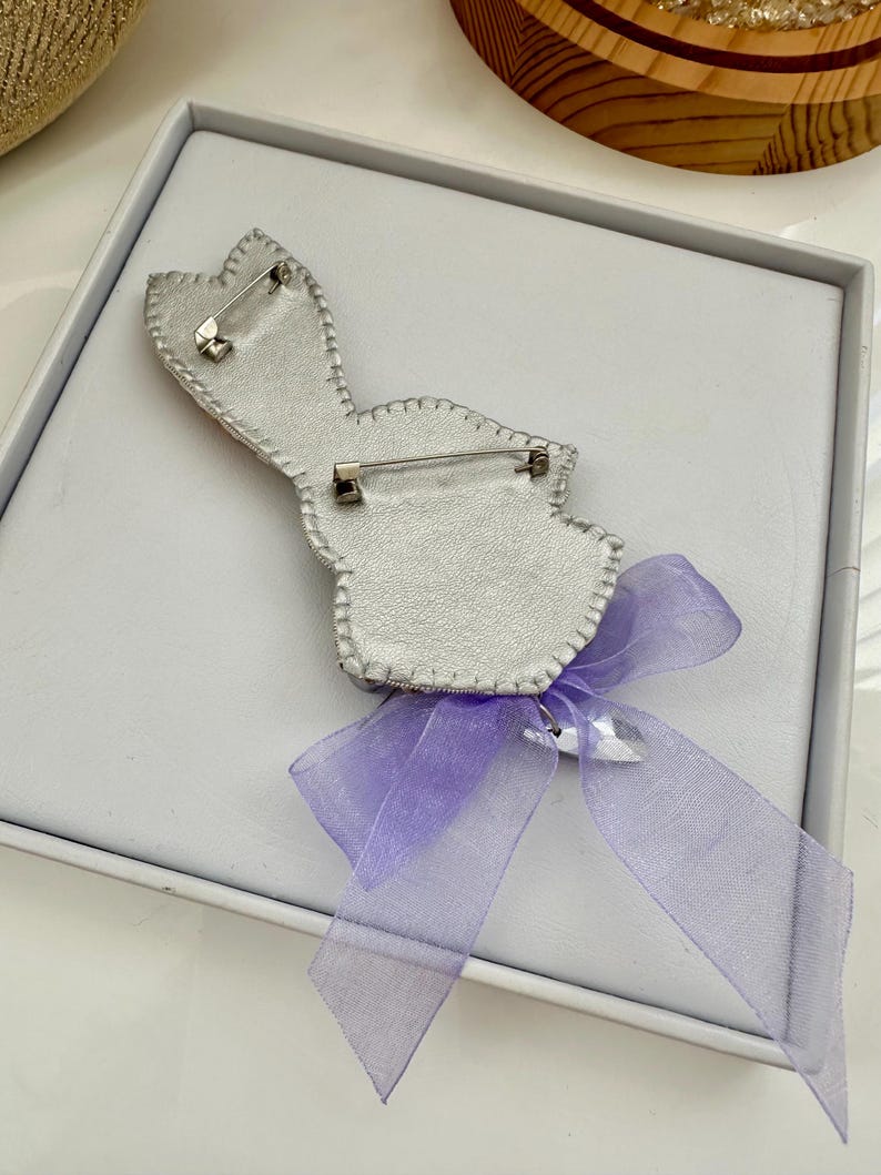 Beaded brooches “White Rabbit” with purple bow. Handmade designer brooch. High quality accessories. Unique design brooch.