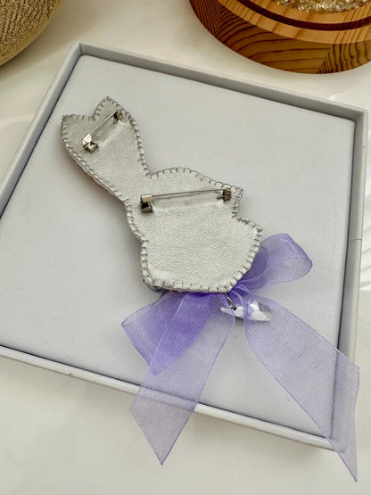 Beaded brooches “White Rabbit” with purple bow. Handmade designer brooch. High quality accessories. Unique design brooch.