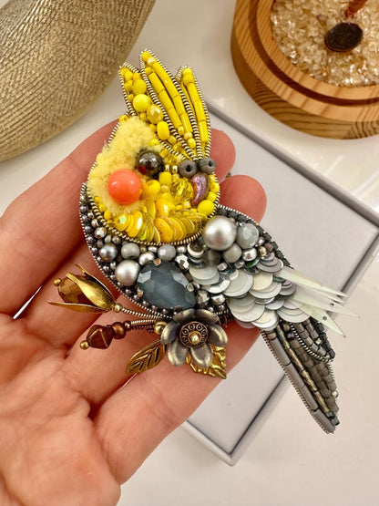 Hand-embroidered brooch Yellow Parrot Handmade designer pin brooch. Handmade gift Beaded brooch Handmade Birthday Gift for her (one brooch)