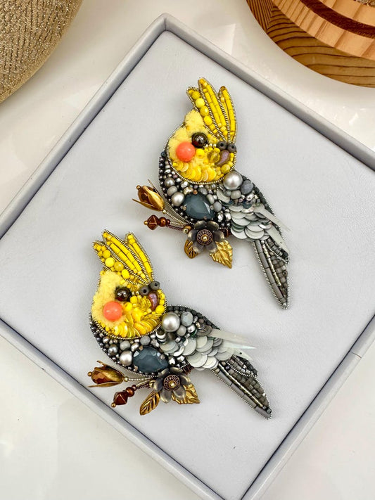 Hand-embroidered brooch Yellow Parrot Handmade designer pin brooch. Handmade gift Beaded brooch Handmade Birthday Gift for her (one brooch)