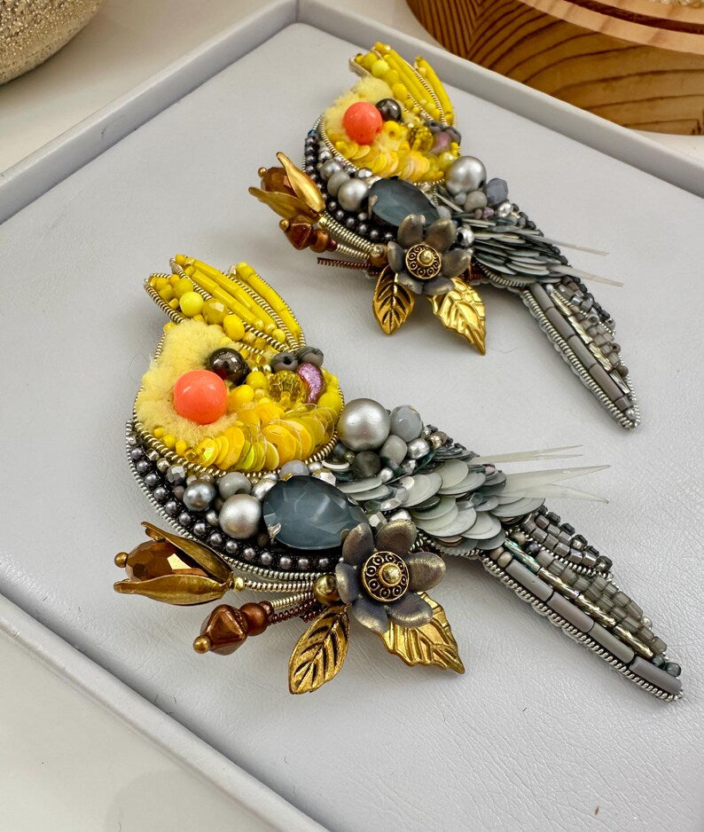 Hand-embroidered brooch Yellow Parrot Handmade designer pin brooch. Handmade gift Beaded brooch Handmade Birthday Gift for her (one brooch)
