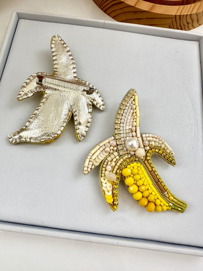 Hand-Embroidered BANANA BROOCH - Unique HANDMADE Designer Pin, Beaded Christmas Gift for Her, Ideal for Adding Style & Charm to Any Outfit