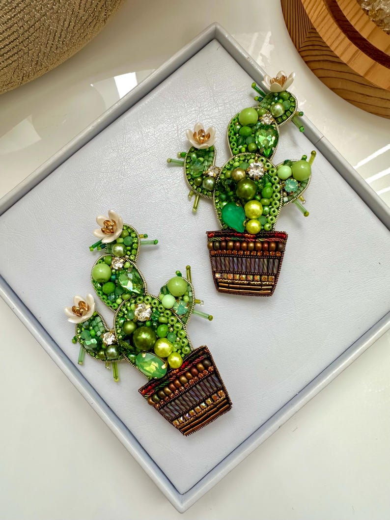 Hand-embroidered brooch Green Cactus Handmade designer pin brooch. Handmade gift Beaded brooch Handmade Christmas Gift (one brooch)
